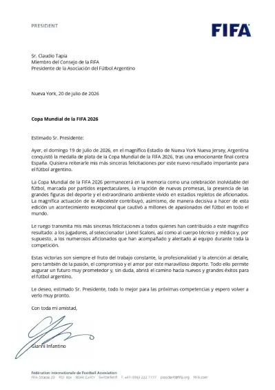 Filtran la carta que Gianni Infantino envió a Argentina tras perder la final del Mundial 2026
