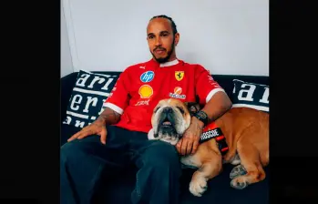 Esta es una de las imágenes que se han compartido en redes de Hamilton con su mascota. FOTO TOMADA X @ScuderiaFerrari