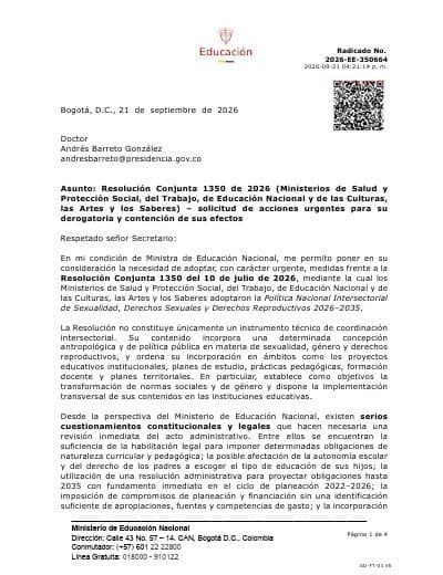 Comunicado por parte del Ministerio de Educación. FOTO: Mineducación. 
