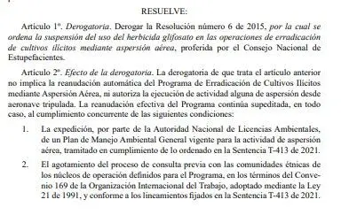 Punto clave de la Resolución 0006 de 2026: la derogación no implica la reanudación automática de la aspersión aérea con glifosato; esta sigue condicionada al cumplimiento de requisitos ambientales y de consulta previa. Foto: Consejo Nacional de Estupefacientes