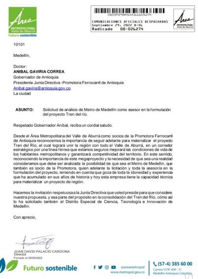 Esta fue la carta que envió el Área Metropolitana a la Gobernación de Antioquia para solicitar que el Metro de Medellín ejecute el proyecto, apoyando la iniciativa de la Alcaldía de Medellín. FOTO: CORTESÍA.