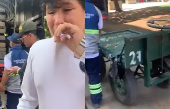 El joven llorando y sollozando intenta explicar en pocas palabras que solo estaba trabajando y que por favor no se lleven la carreta las autoridades. FOTO: Cortesía redes sociales