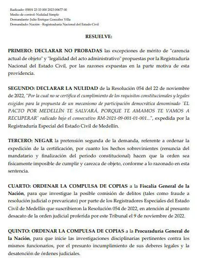 Tres años después, Tribunal tumbó resolución que frenó revocatoria contra Daniel Quintero en Medellín