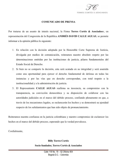 Se conoce la primera reacción de Andrés Calle tras orden de captura: “La decisión será acatada en su integridad”