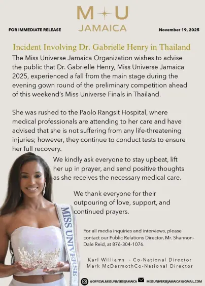 Video | La aparatosa caída que sufrió Miss Jamaica en gala preliminar de Miss Universo 2025: este es su estado de salud