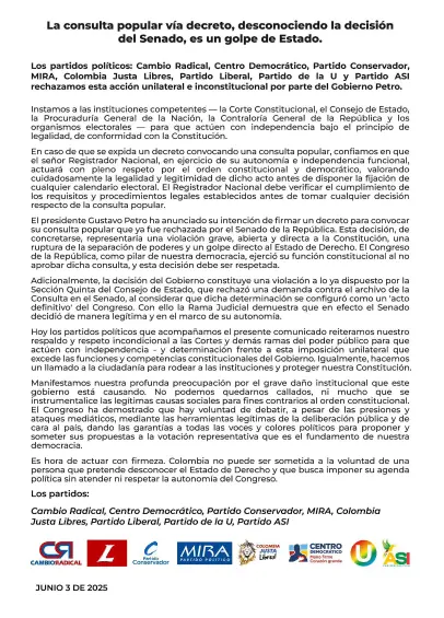El comunicado de los ocho partidos. Foto: Redes Sociales Partido Liberal.