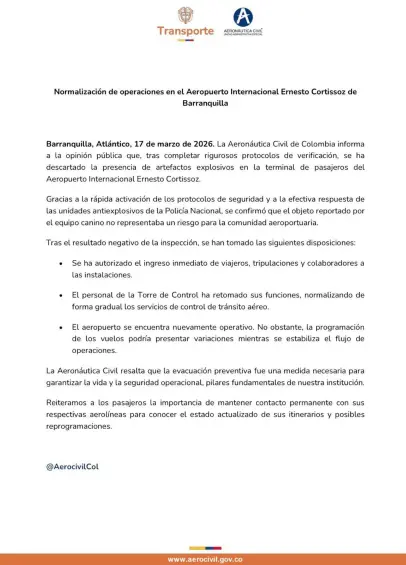 Descartan amenaza de bomba en el aeropuerto Ernesto Cortissoz de Barranquilla