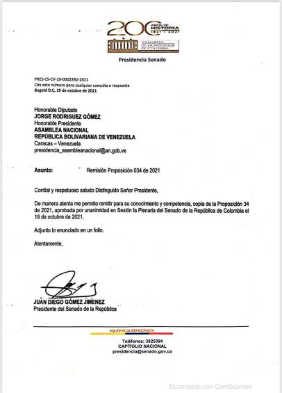 Carta del presidente del Senado enviada a la Asamblea de Venezuela. FOTO: Cortesía.