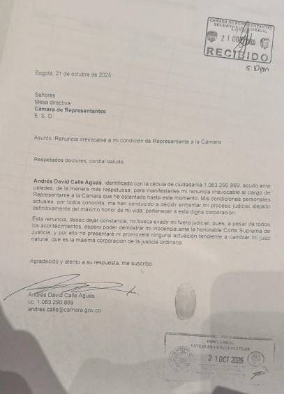 Carta de renuncia de Andrés Calle