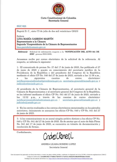 La Corte Constitucional le certificó a la representante Lina María Garrido que todavía no existe el auto en firme sobre la reforma pensional.