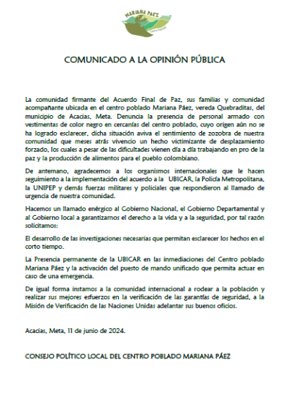 Presencia de grupo armado sin identificar atemoriza a firmantes de la paz en Acacías, Meta 