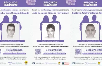 Estas son las caras de los tres hombres que fueron desaparecidos en el contexto del conflicto armado en otros departamentos de Colombia. FOTO: Cortesía Unidad de Búsqueda de Personas dadas por Desaparecidas