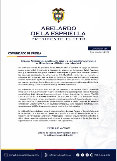 Equipo Anticorrupción de De la Espriella pone freno a contratación de última hora y anticipos por $9.000 millones en MinIgualdad