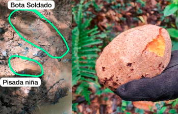 Una huella fresca de un pie pequeño descalzo que correspondería a la niña de 13 años y frutas silvestres al parecer mordidas. FOTO cortesía.