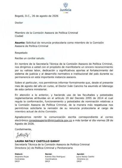 Gobierno de Abelardo de la Espriella pidió la renuncia de los miembros de la Comisión Asesora de Política Criminal