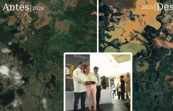 Antes y después del predio beneficiado por un título minero entregado por el presidente Gustavo Petro en 2024. FOTOS: Cortesía Google Earth y Presidencia