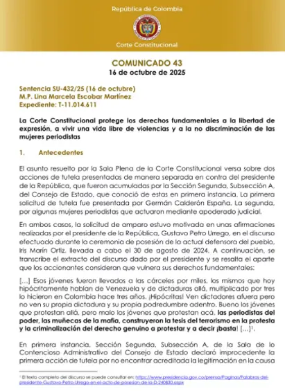 La sentencia, conocida como, SU-432/25 fue emitida por la Sala Plena de la Corte Constitucional por parte de Lina Marcela Escobar Martínez. FOTO: X.