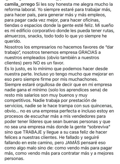 Mensaje de Camilo Orrego en su perfil de Instagram