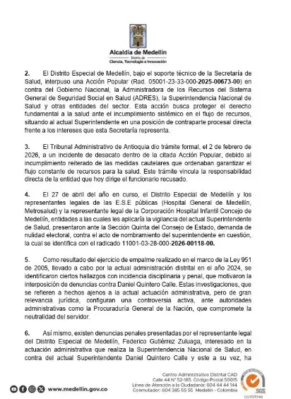 Alcaldía recusó a Daniel Quintero y pidió apartarlo de decisiones sobre el sistema de salud en Medellín