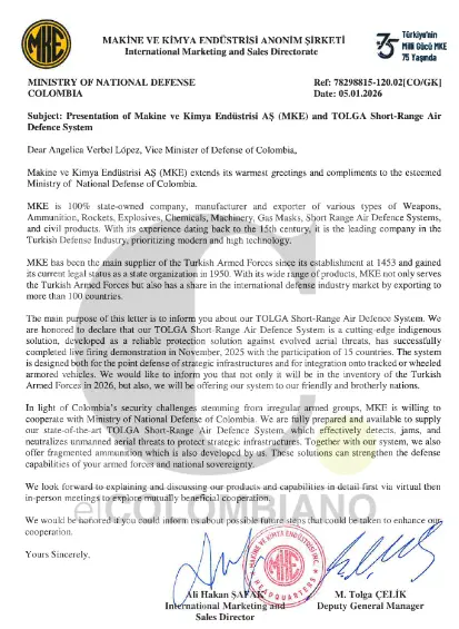 Carta enviada por MKE a la viceministra de Defensa antes de iniciar públicamente el proceso precontractual. 