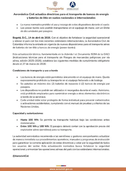 Colombia restringe el uso de las baterías portátiles en vuelos: esto es lo que cambia