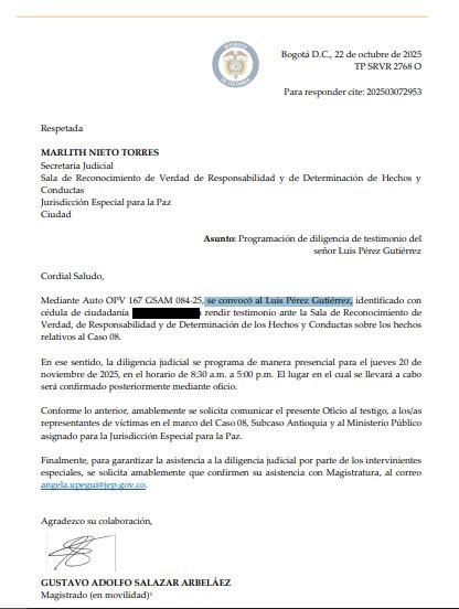 Luis Pérez deberá presentarse ante la Sala de Reconocimiento de Verdad, Responsabilidad y Determinación de Hechos y Conductas.