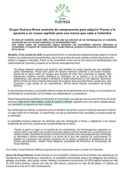 Grupo Nutresa firma contrato de compraventa con Presto. Foto: Nutresa
