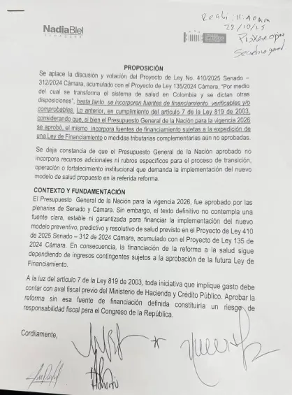 Proposición para aplazar el debate de la reforma a la salud. Foto: X