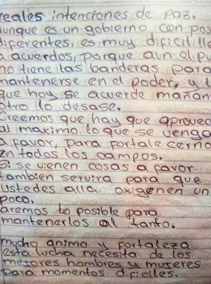 Carta de respuesta del ELN a alias “Ramiro”, jefe de las disidencias del frente 18 de las Farc. FOTO: Cortesía.