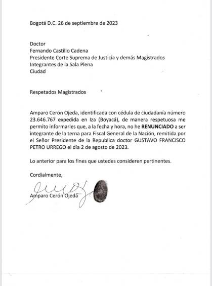 Esta es la carta que Amparo Cerón envió a la Corte. FOTO CORTESÍA