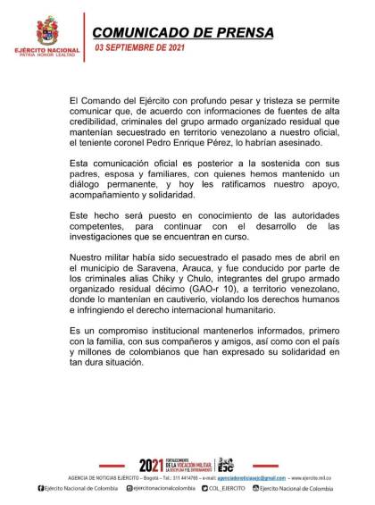 Este es el comunicado del Ejército en el que confirman la muerte del coronel secuestrado por las disidencias de las Farc.