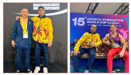 Ruiz, en compañía del campeón mundial Barajas. A la derecha, Leo González con Dilan Jiménez, reciente finalista en dos Copas Mundo. FOTOS CORTESÍA 