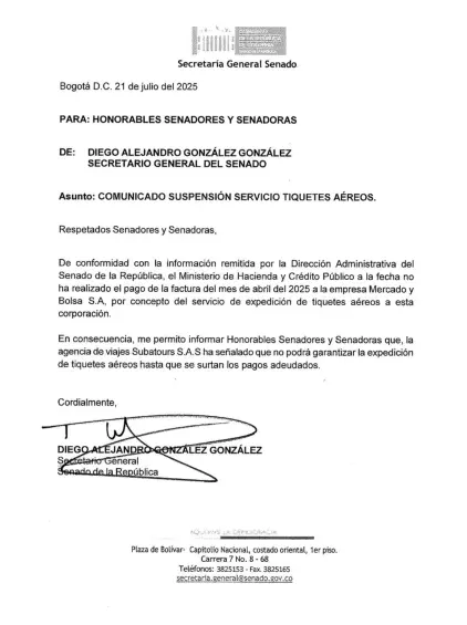 Carta del secretario general del Senado.