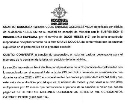 Procuraduría sanciona con más de $100 millones a exconcejal Julio González Villa por acoso laboral
