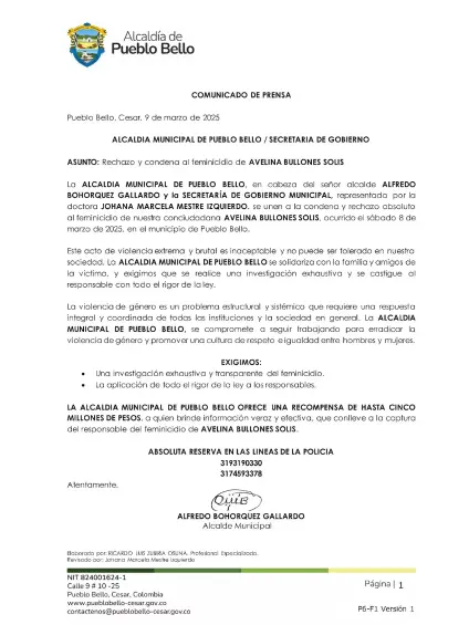 Comunicado oficial de la Alcaldía Municipal de Pueblo Bello. FOTO: Redes sociales