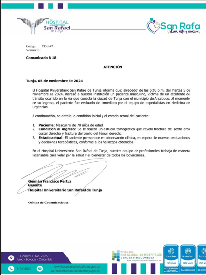 Comunicado oficial del Hospital Universitario San Rafael de Tunja. FOTO: redes sociales