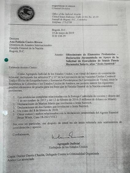 Caso Jesús Santrich: carta desconocida de Estados Unidos da nuevas pistas sobre controversia entre la JEP y la Fiscalía