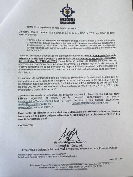 Comunicación de Procuraduría. Crédito: Procuraduría.