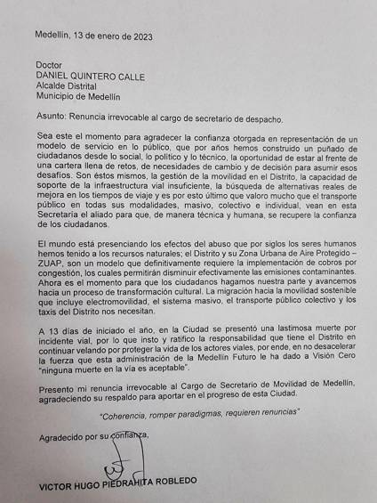 Carta de renuncia de Piedrahíta.