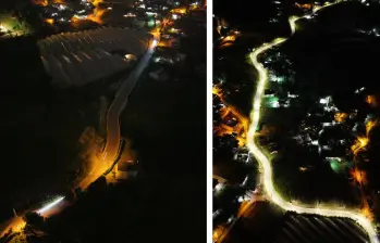 El antes y el después de uno de los tramos, tras ser iluminado con luces LED. FOTO: Cortesía Gobernación