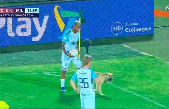 La perrita estuvo por 18 segundos en el gramado del estadio Alfonso López de Bucaramanga. FOTO CAPTURA DE PANTALLA TRANSMISIÓN WIN SPORTS