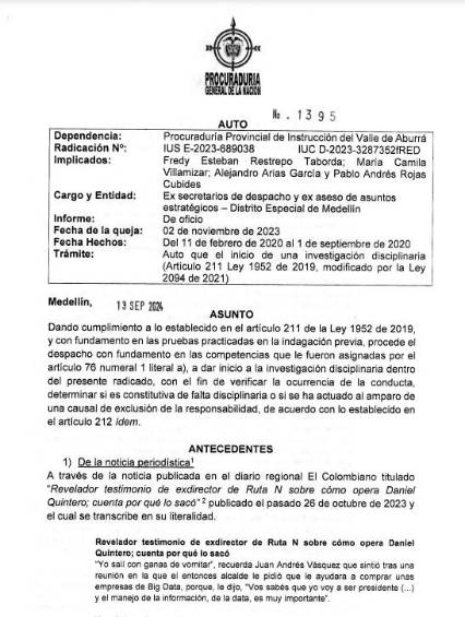 Investigación disciplinaria a Esteban Restrepo y otros exfuncionarios de Daniel Quintero por presunta corrupción en Ruta N