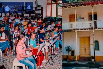 En su historia, la Escuela impartió clases gratuitas a niños, jóvenes y adultos de instrumentos de cuerdas pulsadas como guitarra; de cuerdas frotadas como violín; de vientos como el clarinete, y de percusión como la batería. Su labor fue reconocida y, en el año 2012, fue declarada como Patrimonio Cultural del Municipio. A pesar de esto, la Corporación continuaba sin un lugar adecuado donde realizar los ensayos, siendo casas antiguas y colegios sus principales escenarios. En ese mismo año, entonces, se comenzó a gestar el proyecto de un espacio propio y adaptado a sus necesidades. En la foto, la antigua Casa Cultural del municipio y la banda municipal en el I.E. Alejandrino Restrepo.