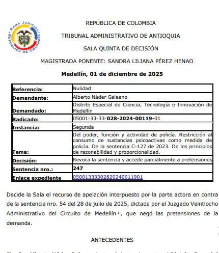 Tribunal Administrativo de Antioquia anuló restricciones sobre consumo de drogas en espacios públicos en Medellín