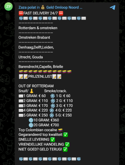 Grupo de la ciudad de Rotterdam, Holanda ofrecen la cocaína colombiana como la “top”, la mejor. Foto: Captura de pantalla Telegram.