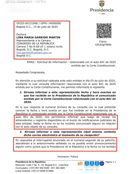 Respuesta de Presidencia sobre auto de la Corte.