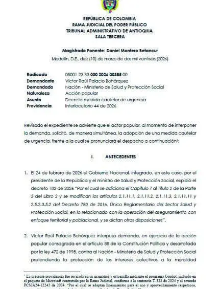 Providencia del Tribunal sobre decreto de Minsalud. Foto: Cortesía.