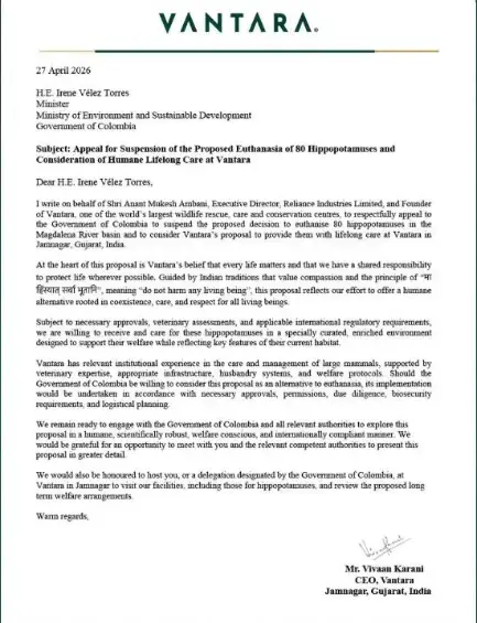 carta con la que el multimillonario Anant Ambani propone a Colombia llevar 80 hipopótamos a India. Foto: redes sociales