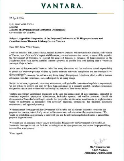 La carta con la que el multimillonario Anant Ambani propone a Colombia llevar 80 hipopótamos a India