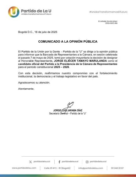 Pulso por la presidencia de la Cámara: La U ratifica a Tamayo como su candidato, pese a respaldo del gobierno a Julián López